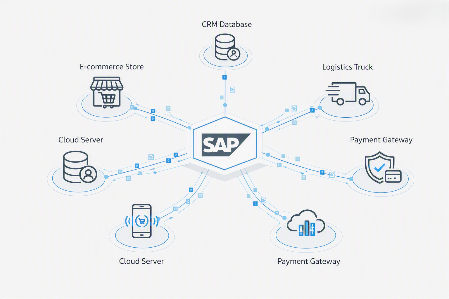 SAP Business One integration hub connecting e-commerce, CRM, logistics and payment systems